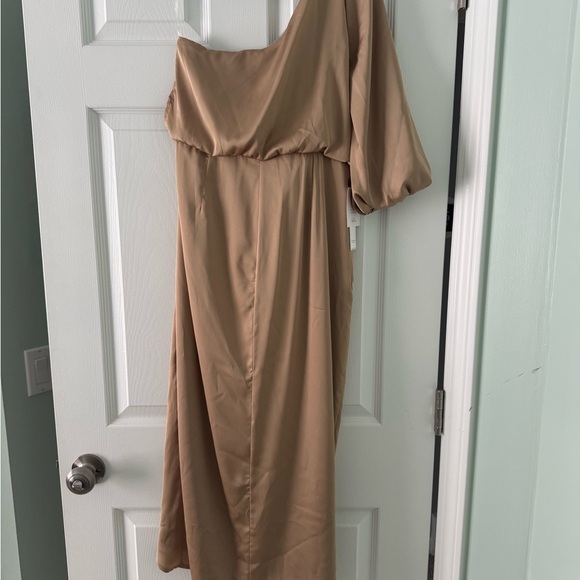 Elegant Tan/Champagne One-Shoulder Dress - Picture 2 of 5